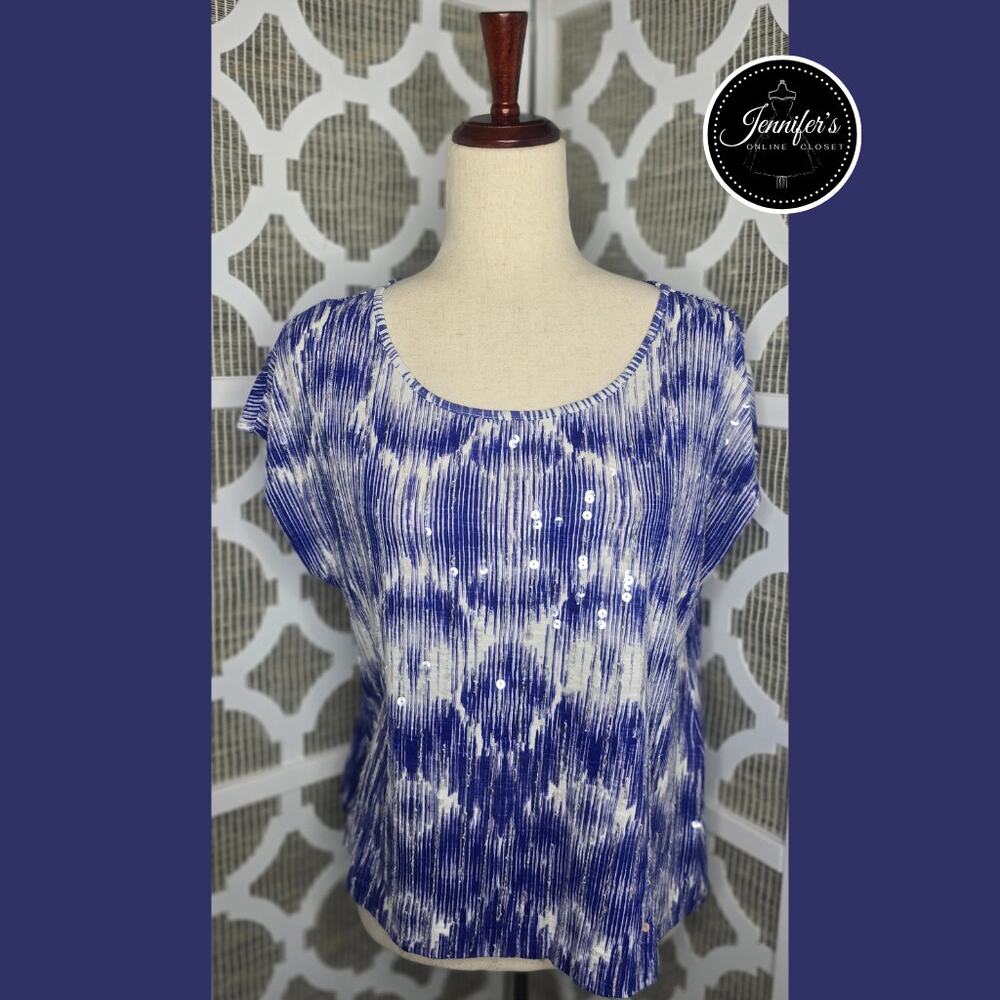 Chico's Purple and White Sequined Scoop Neck Short Sleeve Knit Top M/8